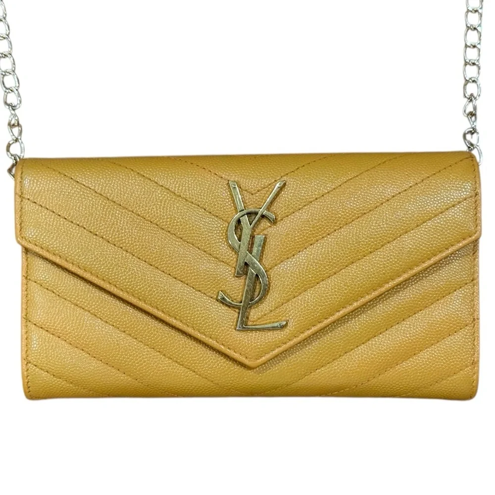 Saint Laurent YSL Cassandre Envelope Leather Wallet on Chain Mustard with COA